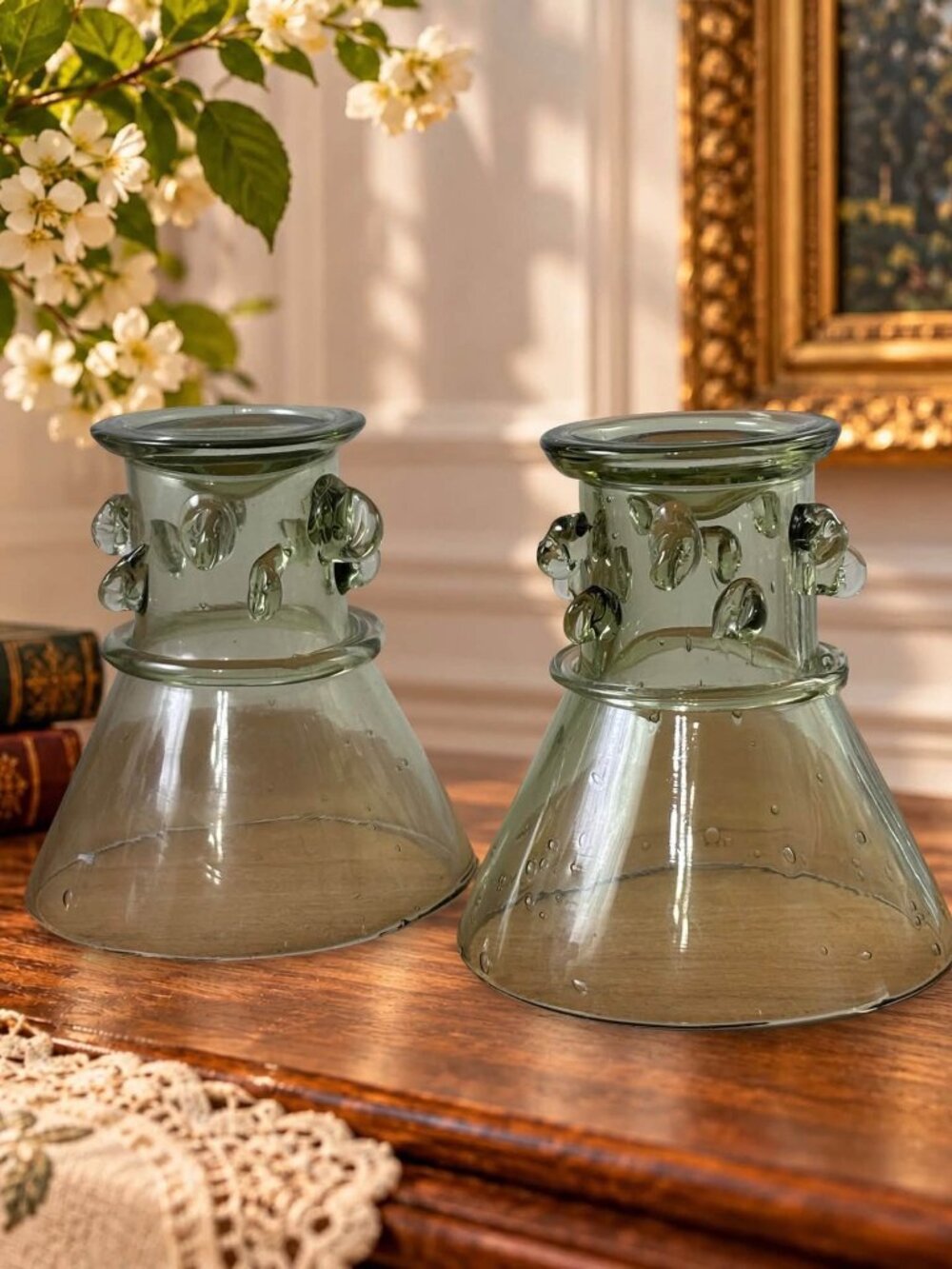 Pair Green Berkemeyer Style Glass Goblets, Hand Worked Prunted Glass, European R - Picture 2 of 4